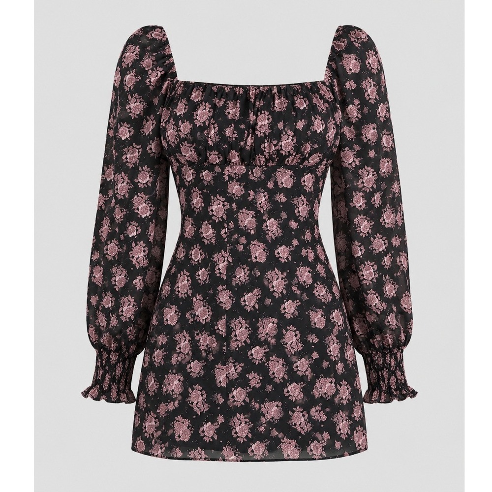 Cotton Candy LA Black Pink Floral Ruched Mini Dress Long Sleeve Small CD-10795